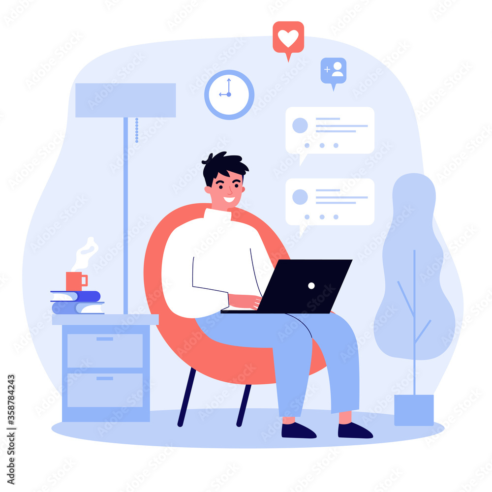 Happy guy using computer for online chat. Young man with laptop sitting in armchair at home. illustration for communication, social media network, digital marketing concept