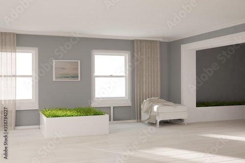 modern room with pouf,plaid,plants and pictore on gray wall interior design. 3D illustration photo