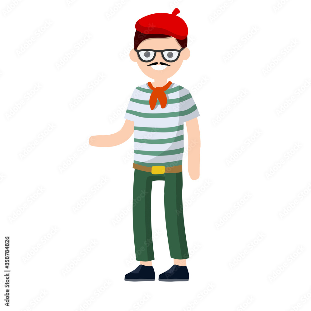 French man in blue striped clothes and red beret waving his hand. Typical resident of Europe. Cartoon flat illustration. Guy stand.