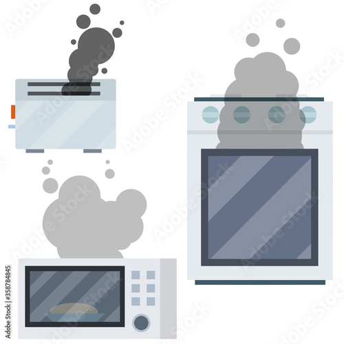 Fire on stove. Burning microwave, toaster. Problem in kitchen and black smoke. Cooking food. household and electrical appliances. Burnt meal. Cartoon flat illustration. Fire safety