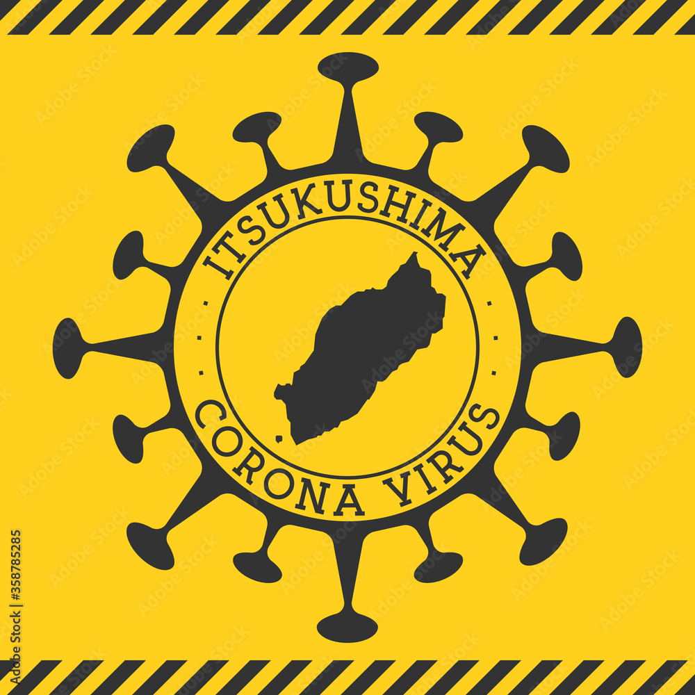 Corona virus in Itsukushima sign. Round badge with shape of virus and Itsukushima map. Yellow island epidemy lock down stamp. Vector illustration.