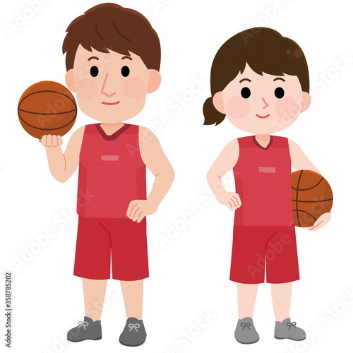 バスケットボールをする　男性　女性　立つポーズ　イラスト