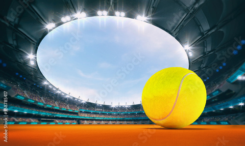 Magnificent outdoor tennis arena with a tennis ball on orange clay with spectators on the grandstand. Professional world sport 3D illustration background. photo