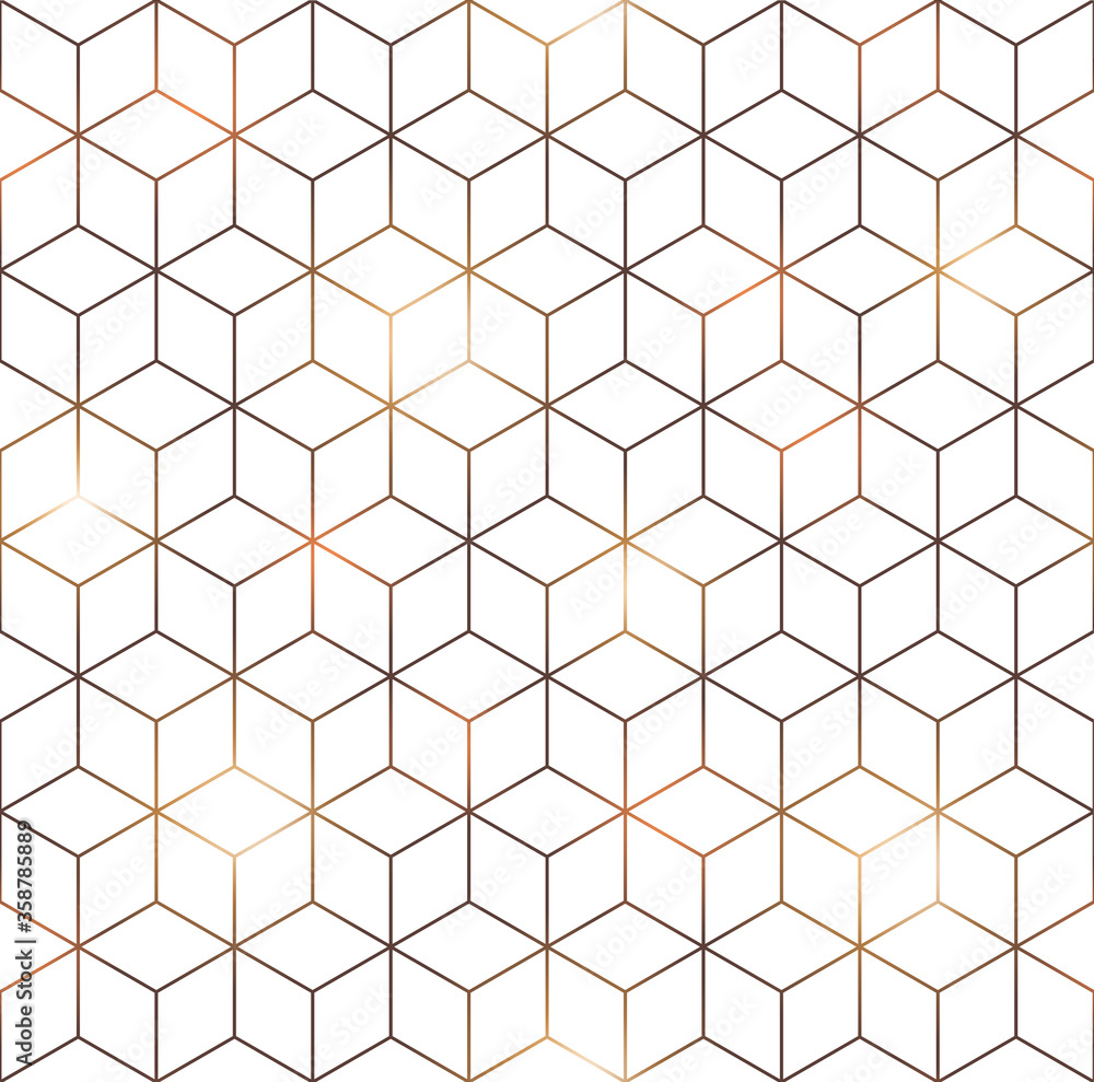 White cube with golden lines seamless pattern. Abstract geometry hexagonal grid background. Vector illustration - obrazy, fototapety, plakaty 