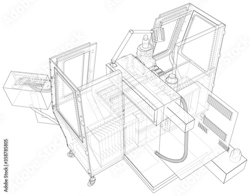 CNC lathe machine in outline style. Wire-frame line isolated. Vector rendering of 3d.