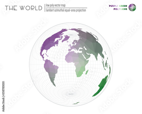 World map in polygonal style. Lambert azimuthal equal-area projection of the world. Purple Green colored polygons. Awesome vector illustration.