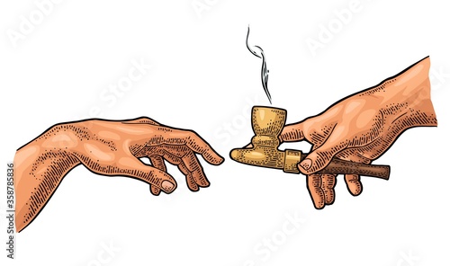 Man gives a smoking cigarette. Vector color vintage engraving