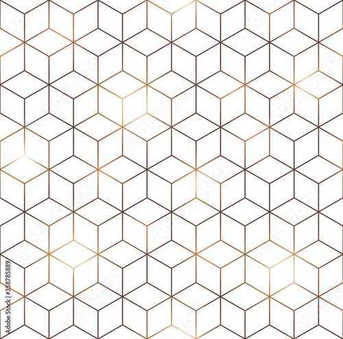 White cube with golden lines seamless pattern. Abstract geometry hexagonal grid background. Vector illustration