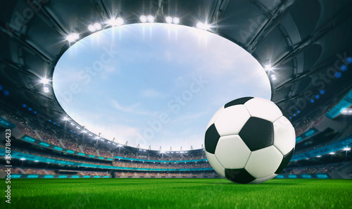 Magnificent outdoor stadium with a football ball on the green lawn of the field with spectators on the stands. Professional world sport 3D illustration background.