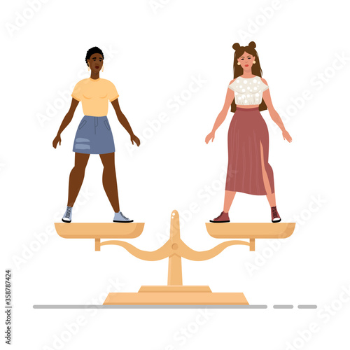 Stop racism. Black lives matter. We are equal. No racism concept. Flat style. Different skin colors. Vector illustration. Isolated on a white background.