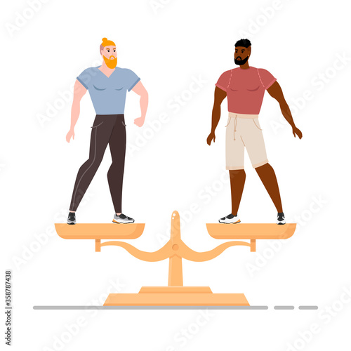  Stop racism. Black lives matter. We are equal. No racism concept. Flat style. Different skin colors. Vector illustration. Isolated on a white background.