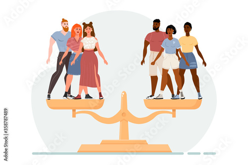  Stop racism. Black lives matter. We are equal. No racism concept. Flat style. Different skin colors. Vector illustration. Isolated on a white background.