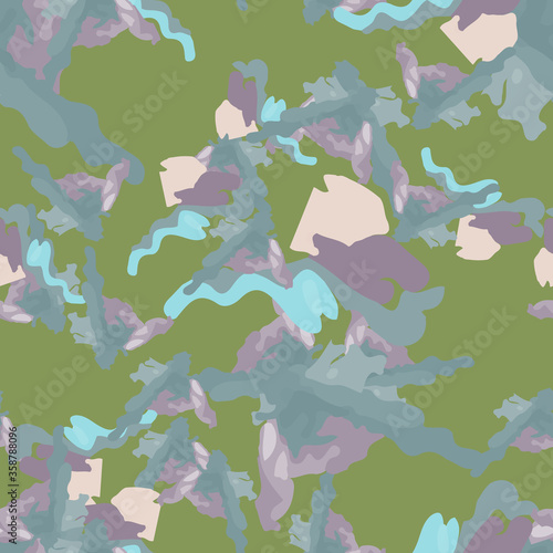 Forest camouflage of various shades of green, blue and violet colors