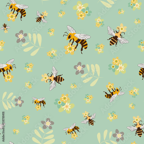 Vector honey bee and meadow flowers seamless pattern background. Retro colored backdrop with flying insect collecting pollen from florals. Folk vintage style all over print for fabric or stationery