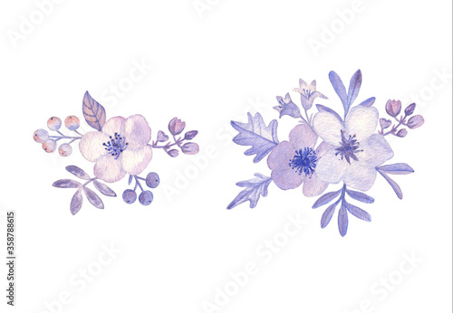 Two small and cute compositions from the violet watercolor flowers. For visit cards, greeting cards and wedding invitations.