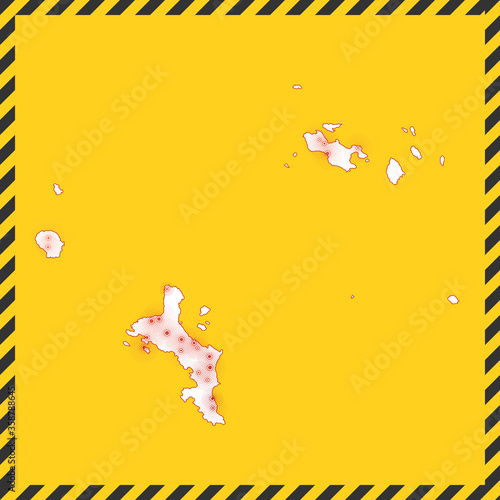 Seychelles closed - virus danger sign. Lock down island icon. Black striped border around map with virus spread concept. Vector illustration.