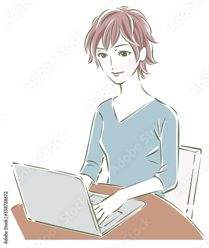テレワークをする短髪の女性のイラスト
