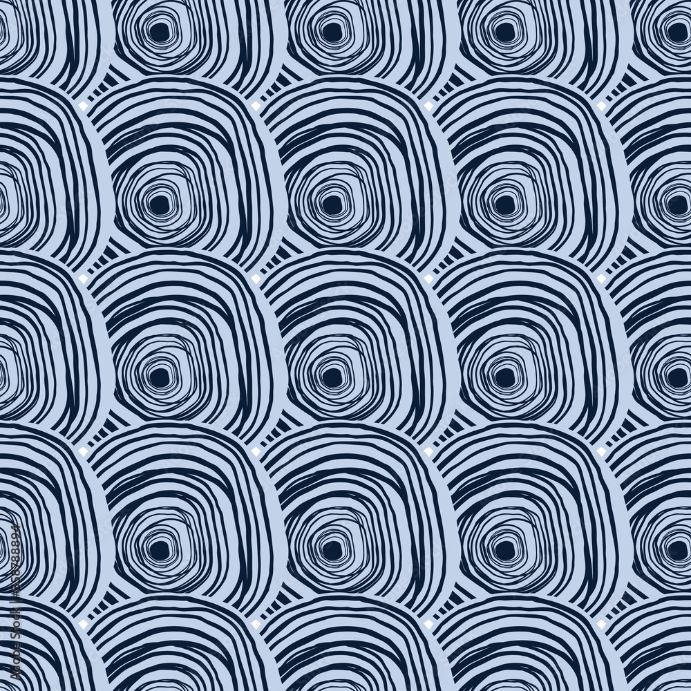 Creative spirals seamless pattern. Geometric hand drawn curved lines wallpaper. Sketch circle background.