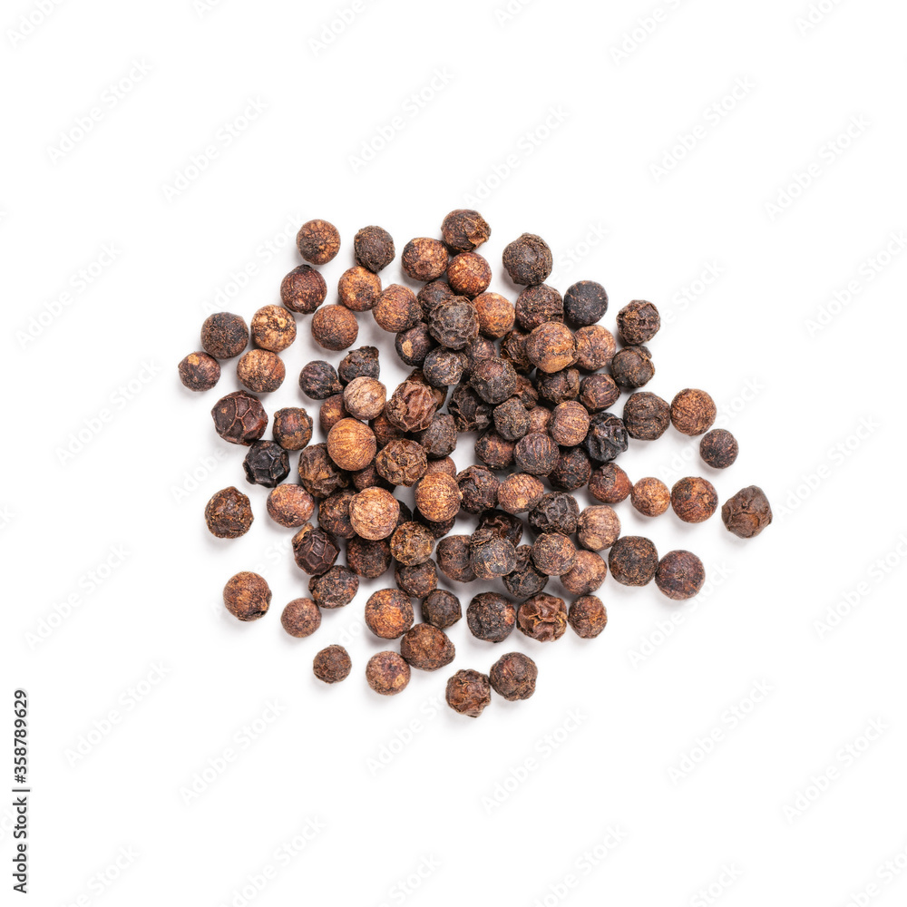 Dry black pepper pile. Peppercorn isolated on white, top view Dry black pepper pile. Peppercorn isolated on white, top view
