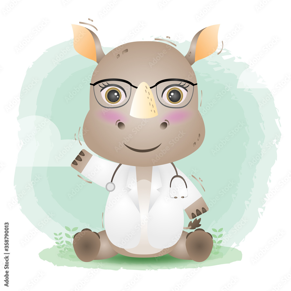 a cute little doctor rhino. Cartoon doctor rhino. Vector illustration a cute little doctor rhino. Cartoon doctor rhino. Vector illustration