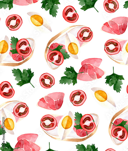 Fototapeta Naklejka Na Ścianę i Meble -  Seamless watercolor color pattern and background with sandwich and ingredients on white background. For wrapping, fabric, wallpaper.