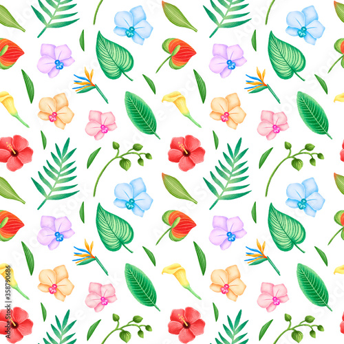 Wallpaper Mural Tropical leaves and flowers seamless pattern. Hibiscus flowers, orchid and palm leaves seamless pattern. Torontodigital.ca