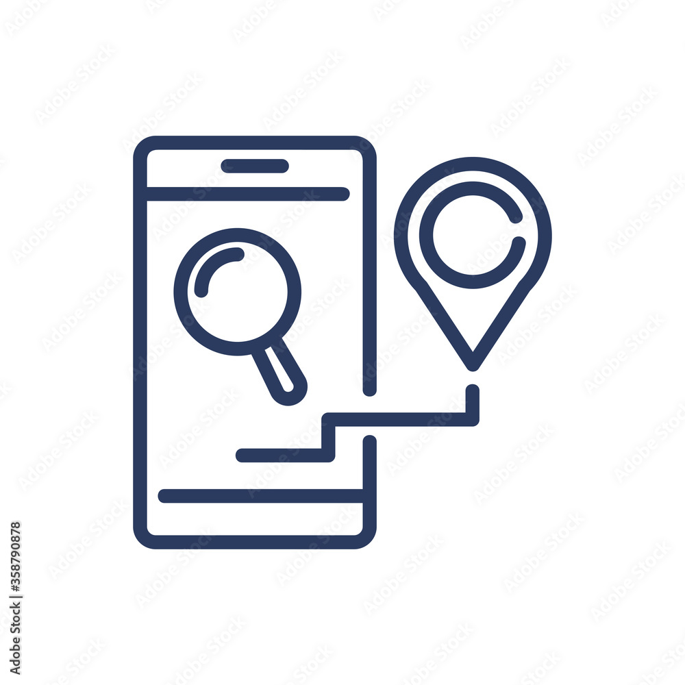 Location search on smartphone thin line icon. Magnifier, navigation pointer, error isolated outline sign. Phone repair, service, breakdown concept. Vector illustration symbol element for web design Location search on smartphone thin line icon. Magnifier, navigation pointer, error isolated outline sign. Phone repair, service, breakdown concept. Vector illustration symbol element for web design