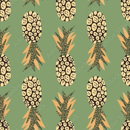 Hand drawn decorative pineapple endless wallpaper. Exotic tropical fruits pattern on green background.