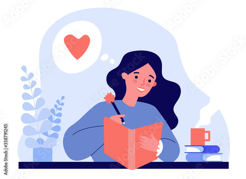 Teenage girl writing diary or journal. Happy young woman reading book and taking notes with pencil. illustration for journal, author, student, teenager in love concept