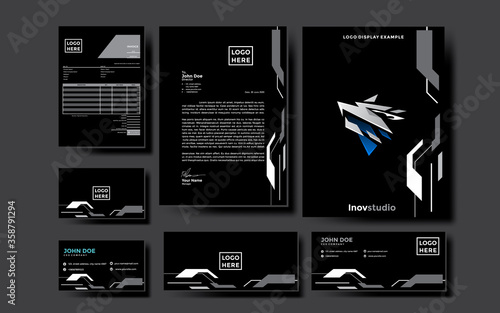 pack of tech style corporate brand identity, stationary design. modern template illustration vector