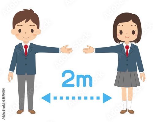 感染予防のために手を広げて2mのソーシャルディスタンスを取る学生