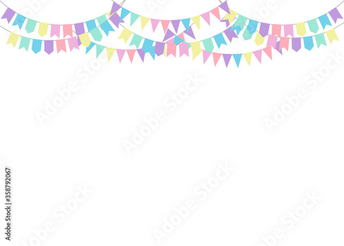 Very sweet colorful pastel pendant hanging above. Vector illustration. Party invitation with carnival flag garlands with some copy space for your text.