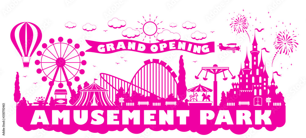 Grand opening of amusement park after quarantine. Amusement rides silhouettes, castle, balloon in pink color. Flat design, illustration, vector