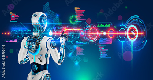 Robot or humanoid cyborg working with abstract tech hologram interface. Futuristic AI in industry 4.0 develops industrial virtual drawings details. Humanoid android back view looking on screen.