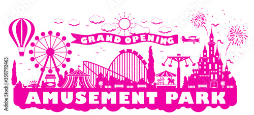 Grand opening of amusement park after quarantine. Amusement rides silhouettes, castle, balloon in pink color. Flat design, illustration, vector