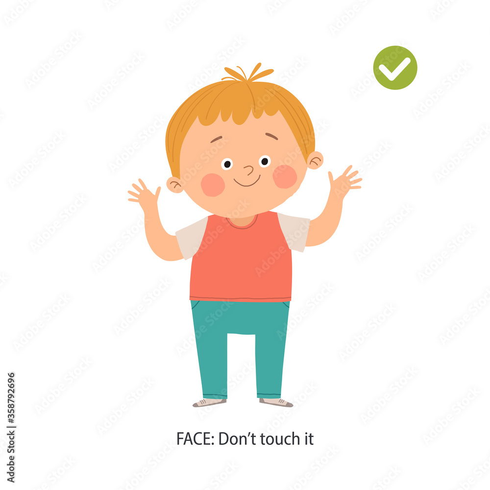 Cute boy avoids touching his face. Right gesture. Don t touch your face poster. Prevention against Covid-19 and Infection. Hygiene Concept. Cartoon hand drawn illustration isolated on white. Cute boy avoids touching his face. Right gesture. Don t touch your face poster. Prevention against Covid-19 and Infection. Hygiene Concept. Cartoon hand drawn illustration isolated on white.
