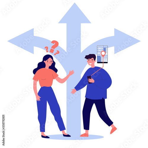 Young people choosing way and using GPS. Map, route, arrow flat vector illustration. Direction and navigation concept for banner, website design or landing web page