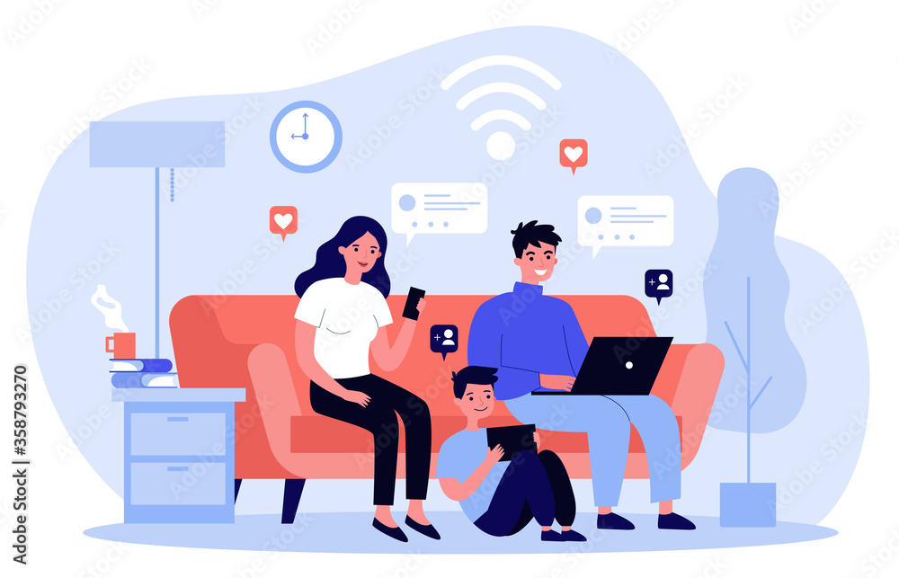 Family suffering from social media addiction. Parent and child sitting  together at home and using digital devices. illustration for problem,  communication, internet concept ilustración de Stock | Adobe Stock
