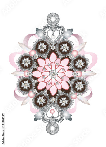 antiker Trachtenschmuck mit rosa Blüte und Perlen