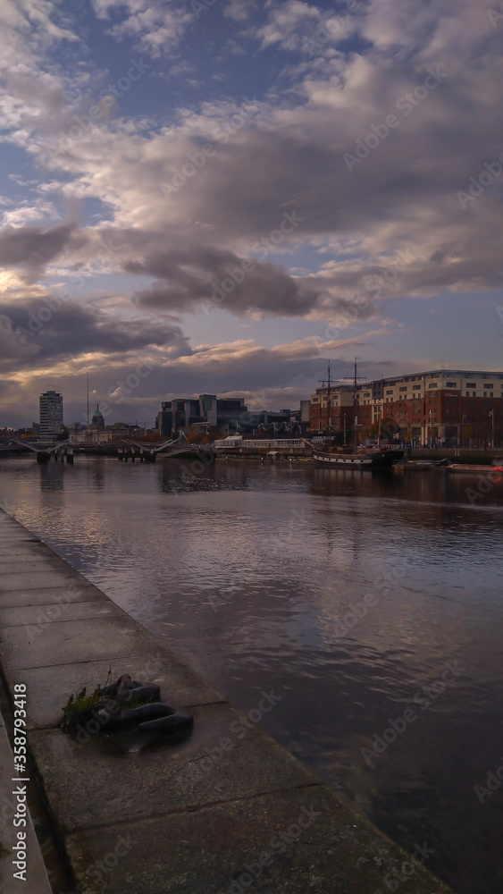 Beautiful sunrise over Dublin Docklands and the river Liffey. Republic of Ireland.