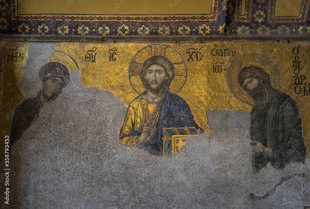 Istanbul, Turkey - a former Greek Orthodox Christian cathedral converted in a mosque and today in a museum, Hagia Sofia is a main landmark. Here in particular its frescoes and mosaics