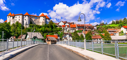 Slovenia landmarks and travel - medieval castle and village Zuzemberk over Krka river photo