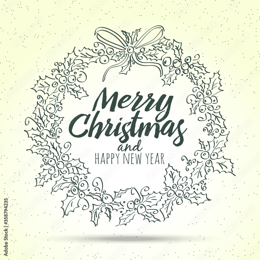 merry christmas greeting card with wreath and lettering. vector illustration 