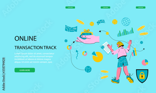 Financial transaction and money transfer online tracking app web page template. Internet payment and money transfer service concept with character of business woman . Cartoon vector illustration.