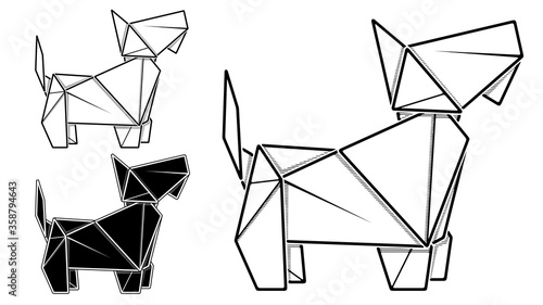 Vector monochrome image of paper origami of dog, terrier (contour drawing by line).