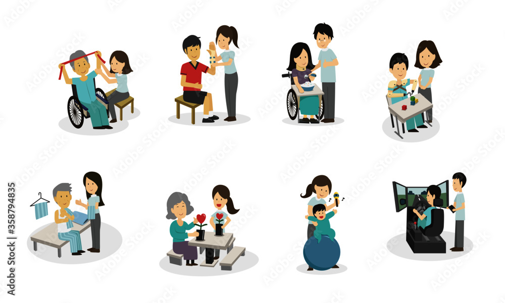 medical rehabilitation activities cartoon character design set