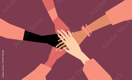 Human hands with different skin color stacked together for support. Group, unity, race equality, tolerance concept art in minimal flat style. Vector illustration card.