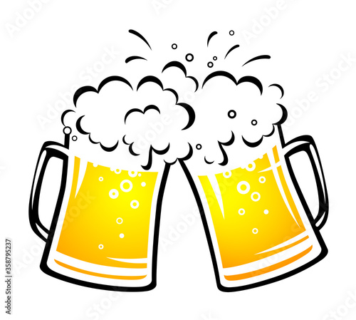 two bright beer mugs with foam and droplets