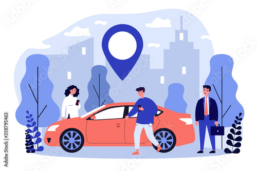 Commuters sharing car in city. People searching vehicle with location pointer. illustration for transport rent, transfer, automobile, travel concept