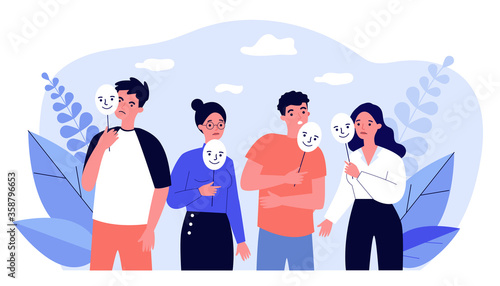 Tableau sur toile Depressed guy and girls holding positive masks on sticks